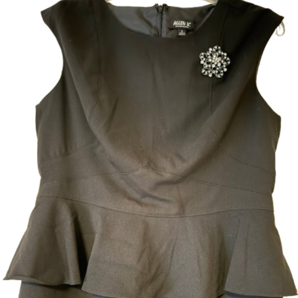 Allen B Black Dress with Broach - Ruffle Hem - Size 12